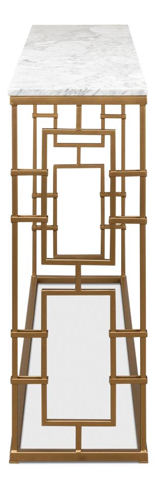 Tavolo consolle in ottone con piano in marmo