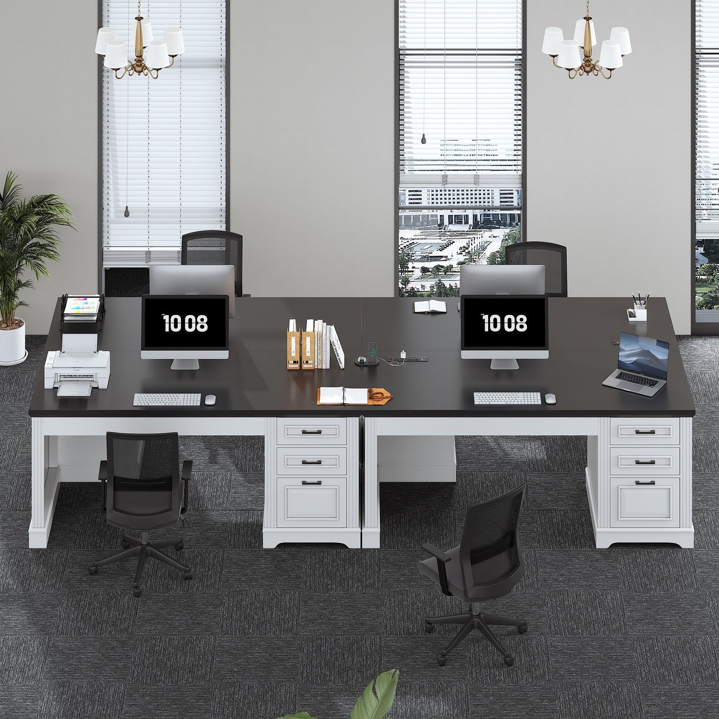 Scrivania direzionale Farmhouse Scrivania per ufficio domestico Cassetto per archivi Supporto per monitor Presa di corrente