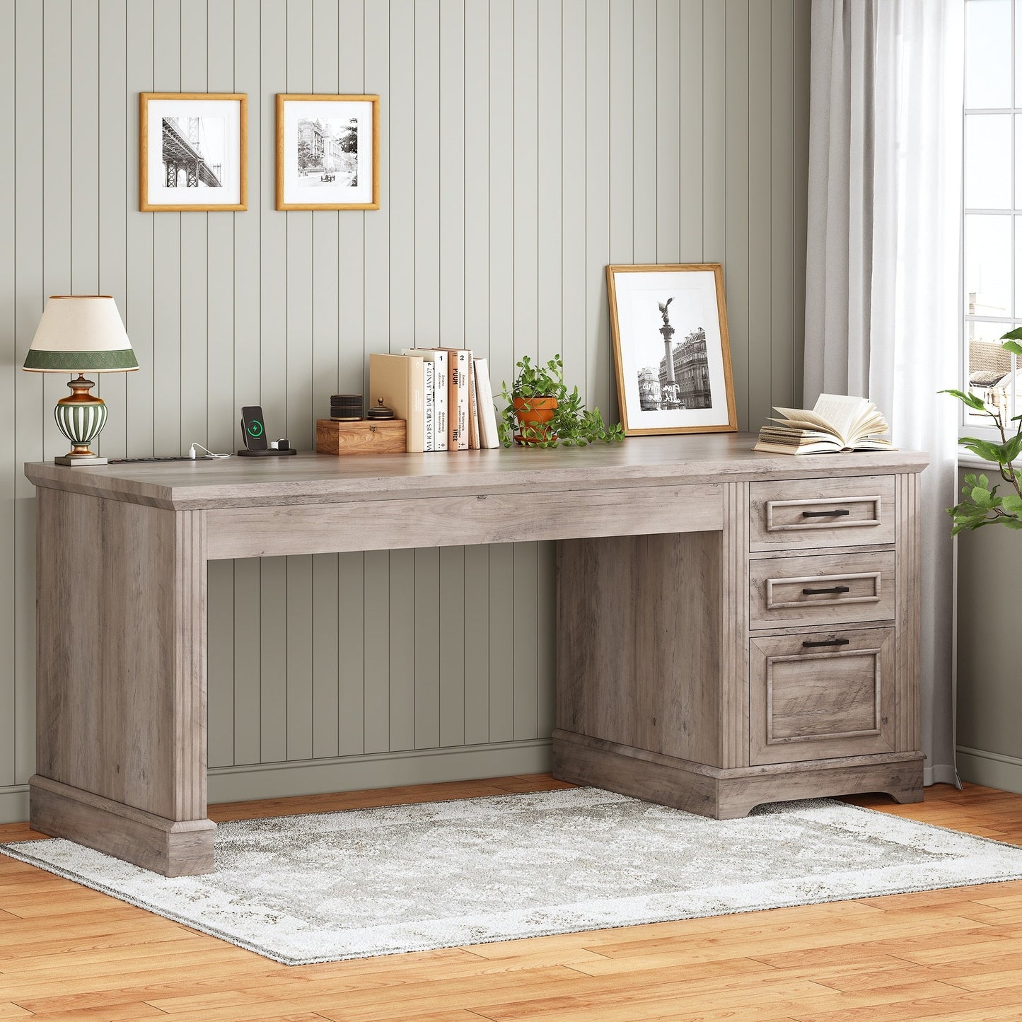 Scrivania direzionale Farmhouse Scrivania per ufficio domestico Cassetto per archivi Supporto per monitor Presa di corrente