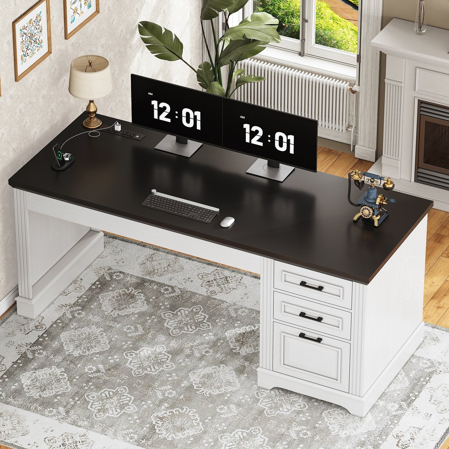 Scrivania direzionale Farmhouse Scrivania per ufficio domestico Cassetto per archivi Supporto per monitor Presa di corrente