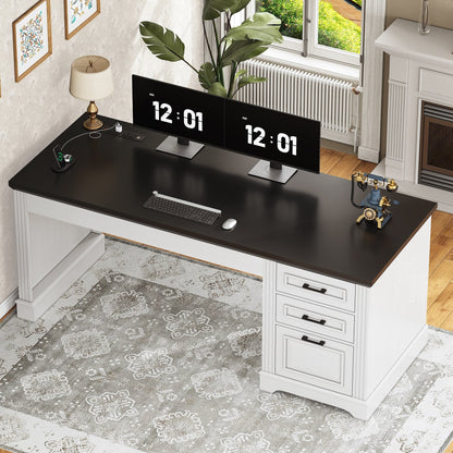 Scrivania direzionale Farmhouse Scrivania per ufficio domestico Cassetto per archivi Supporto per monitor Presa di corrente