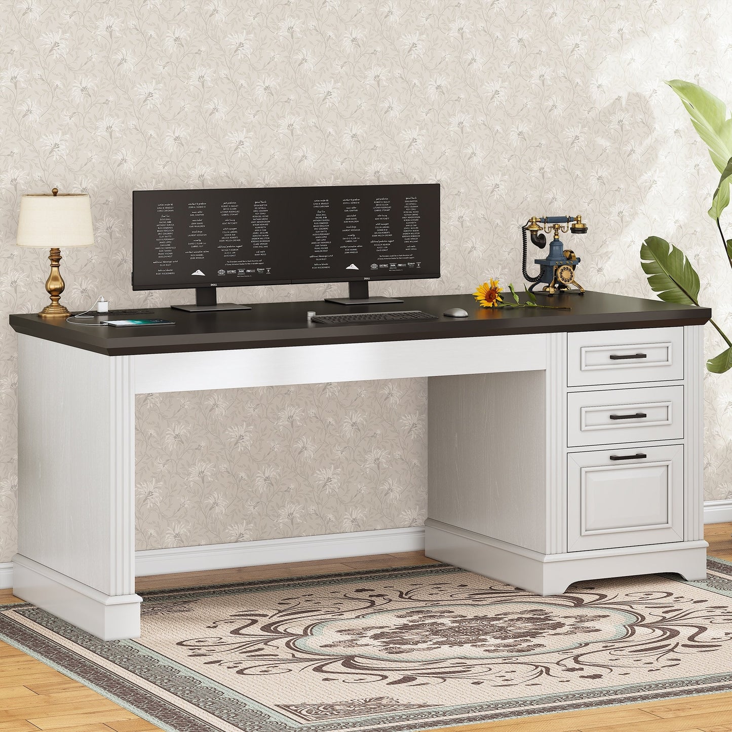 Scrivania direzionale Farmhouse Scrivania per ufficio domestico Cassetto per archivi Supporto per monitor Presa di corrente