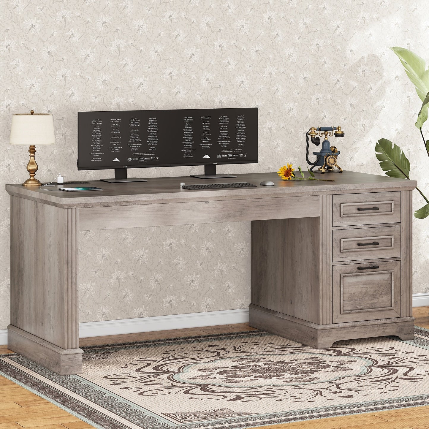 Scrivania direzionale Farmhouse Scrivania per ufficio domestico Cassetto per archivi Supporto per monitor Presa di corrente