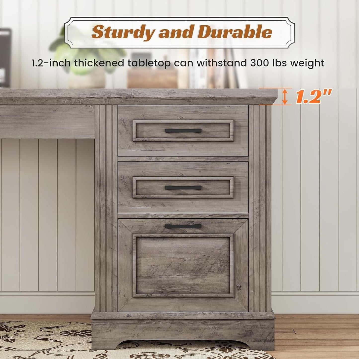 Scrivania direzionale Farmhouse Scrivania per ufficio domestico Cassetto per archivi Supporto per monitor Presa di corrente