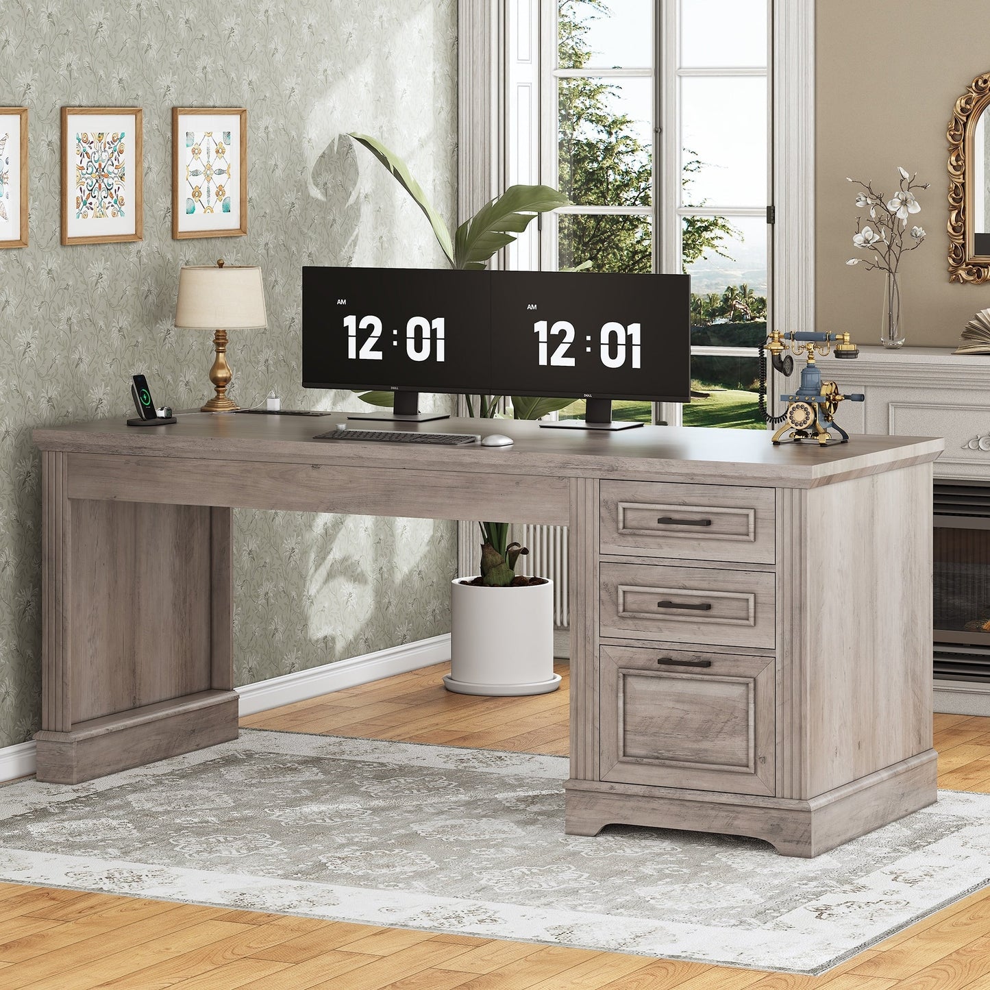 Scrivania direzionale Farmhouse Scrivania per ufficio domestico Cassetto per archivi Supporto per monitor Presa di corrente