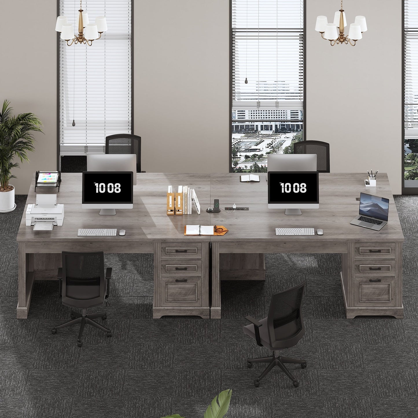 Scrivania direzionale Farmhouse Scrivania per ufficio domestico Cassetto per archivi Supporto per monitor Presa di corrente