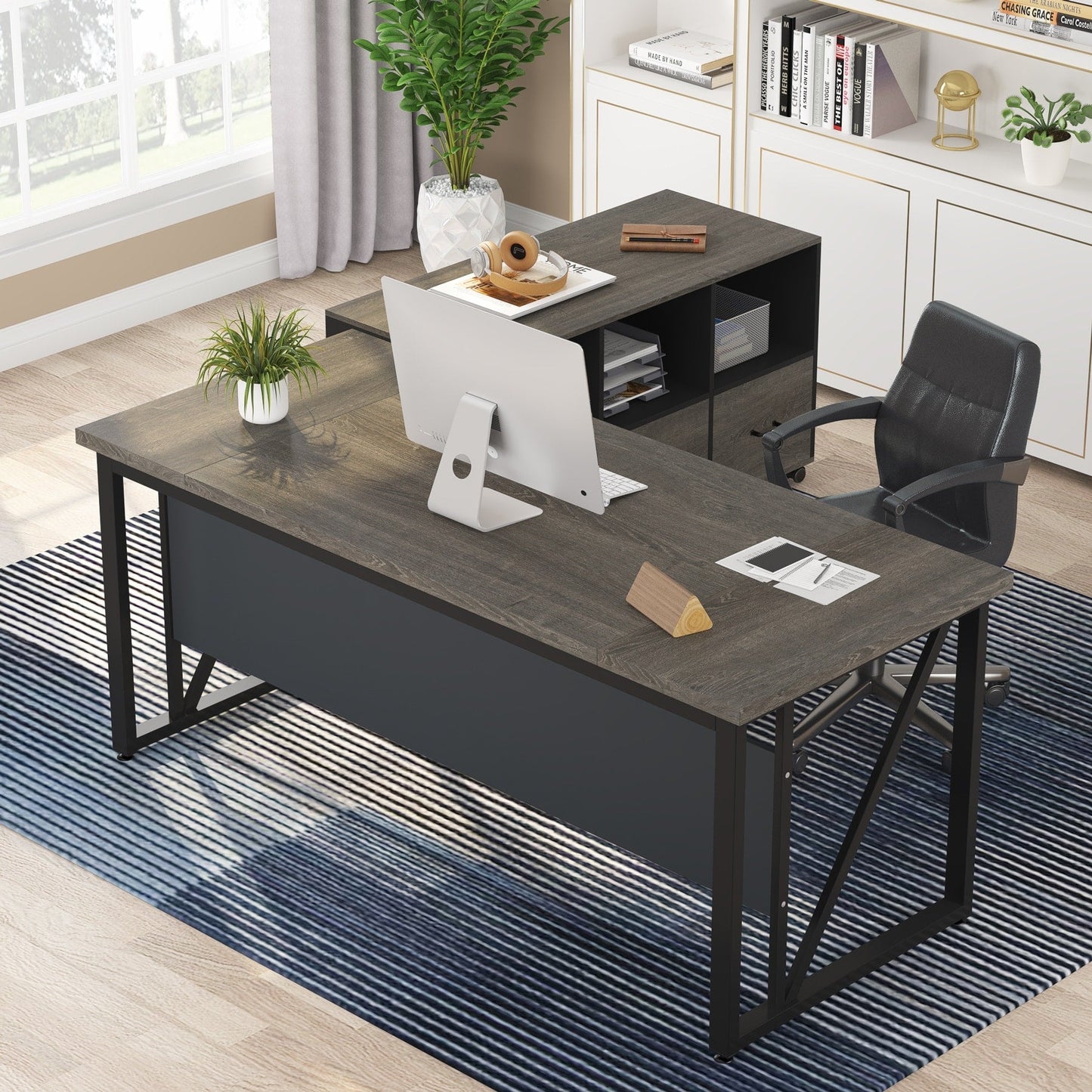 Scrivania per computer a L da 63 pollici con schedario laterale da 47 pollici, scrivania direzionale per ufficio domestico, set di scrivania