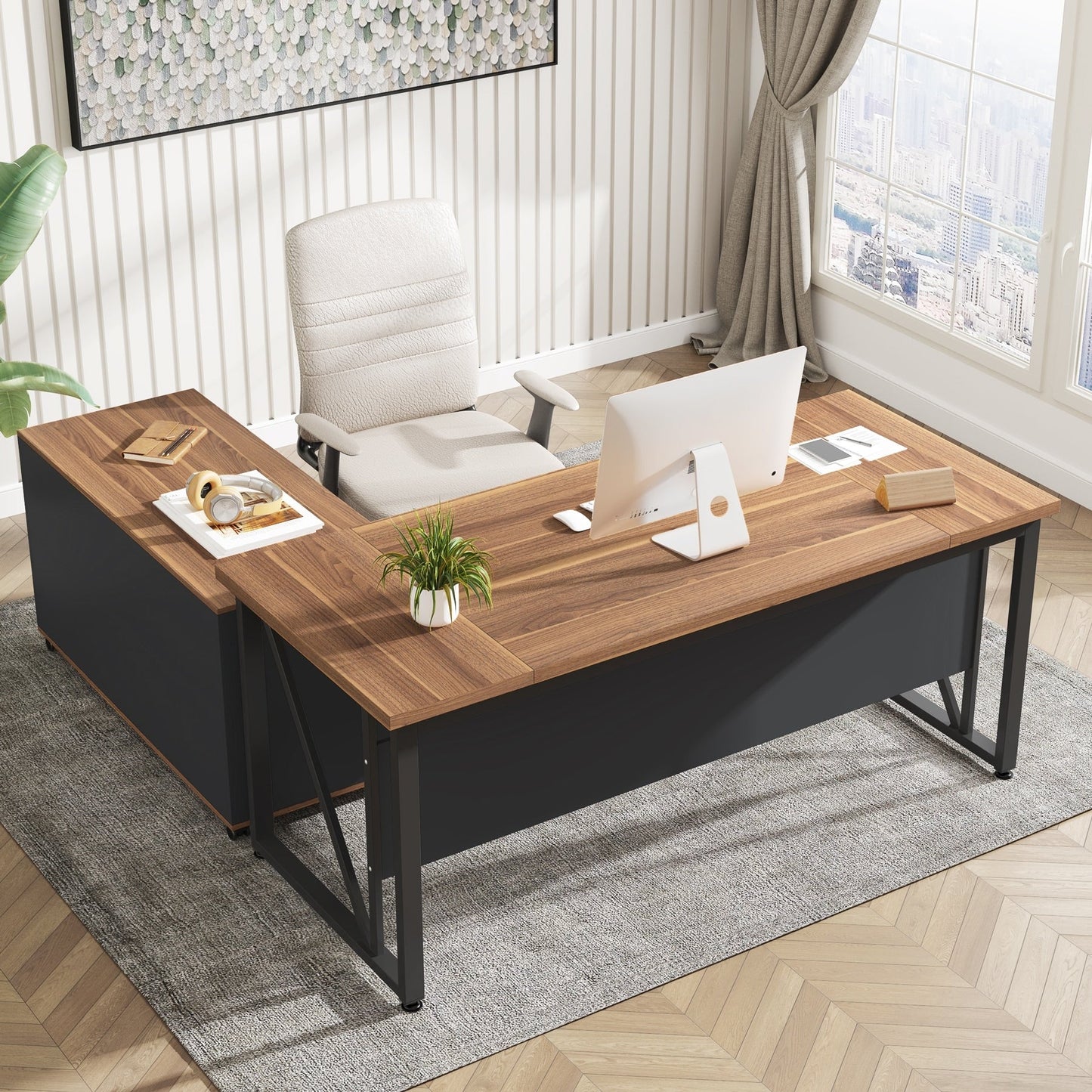 Scrivania per computer a L da 63 pollici con schedario laterale da 47 pollici, scrivania direzionale per ufficio domestico, set di scrivania