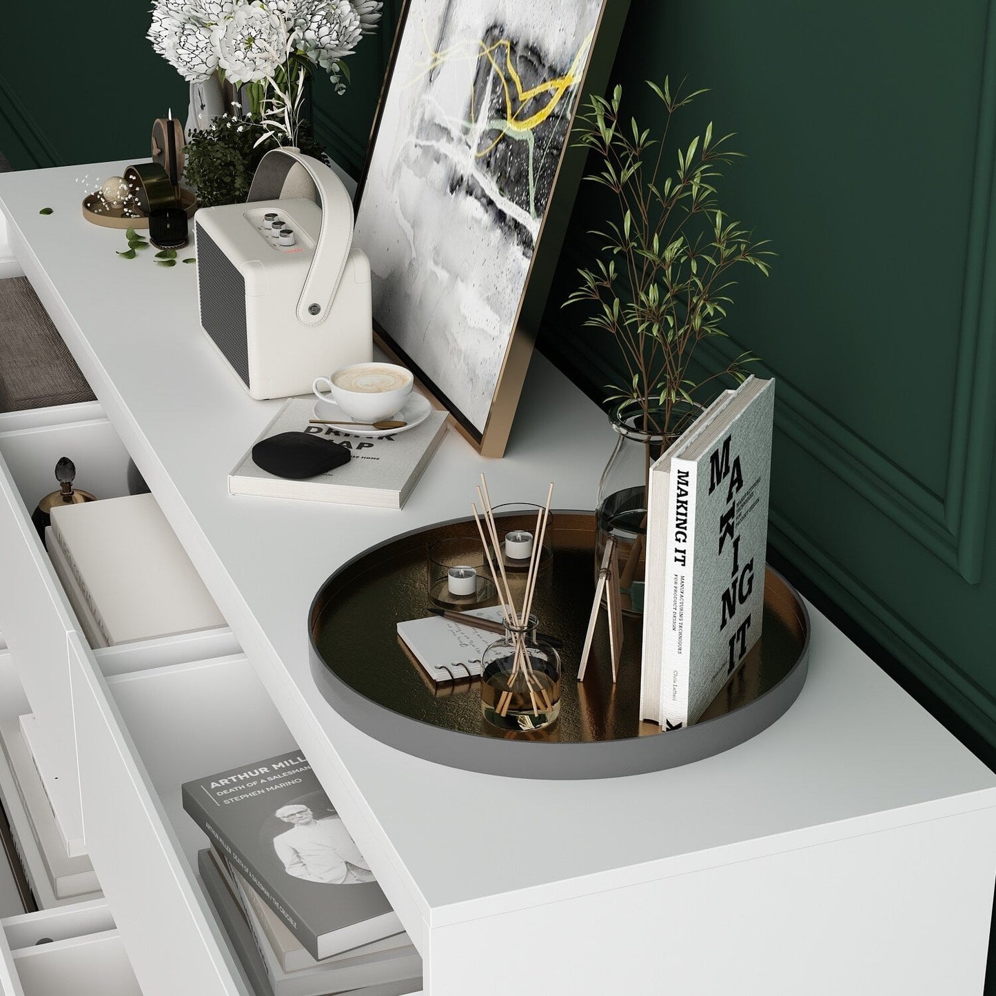 Cassettiera con 9 cassetti da 63 W, cassettiera decorativa per soggiorno, camera da letto