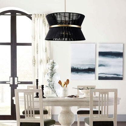 Lampadario a tamburo grande in stile boho moderno a 8 luci, lampadario a clessidra in tessuto intrecciato a mano da 24 pollici in oro/nero per sala da pranzo/soggiorno