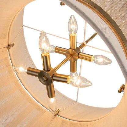Lampadario a tamburo grande in stile boho moderno a 8 luci, lampadario a clessidra in tessuto intrecciato a mano da 24 pollici in oro/nero per sala da pranzo/soggiorno