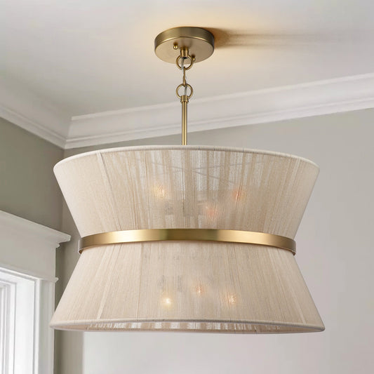 Lampadario a tamburo grande in stile boho moderno a 8 luci, lampadario a clessidra in tessuto intrecciato a mano da 24 pollici in oro/nero per sala da pranzo/soggiorno