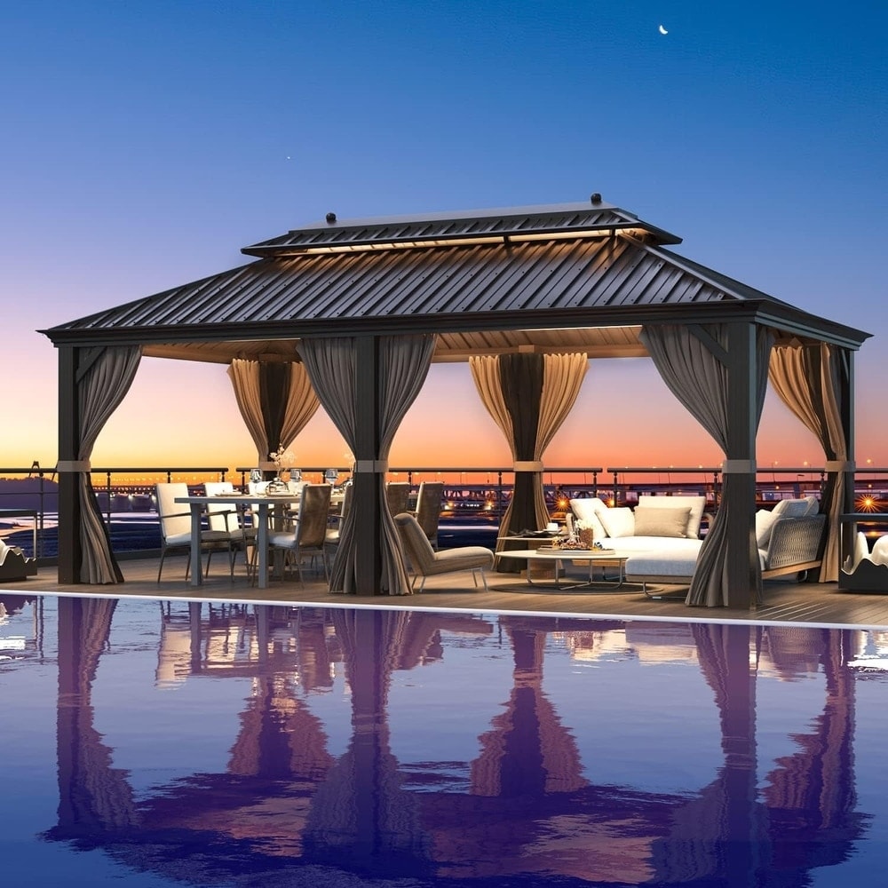 Gazebo rigido Erommy con struttura in alluminio e doppio tetto, gazebo esterno permanente con tende e rete per patio e giardino