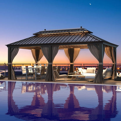 Gazebo rigido Erommy con struttura in alluminio e doppio tetto, gazebo esterno permanente con tende e rete per patio e giardino