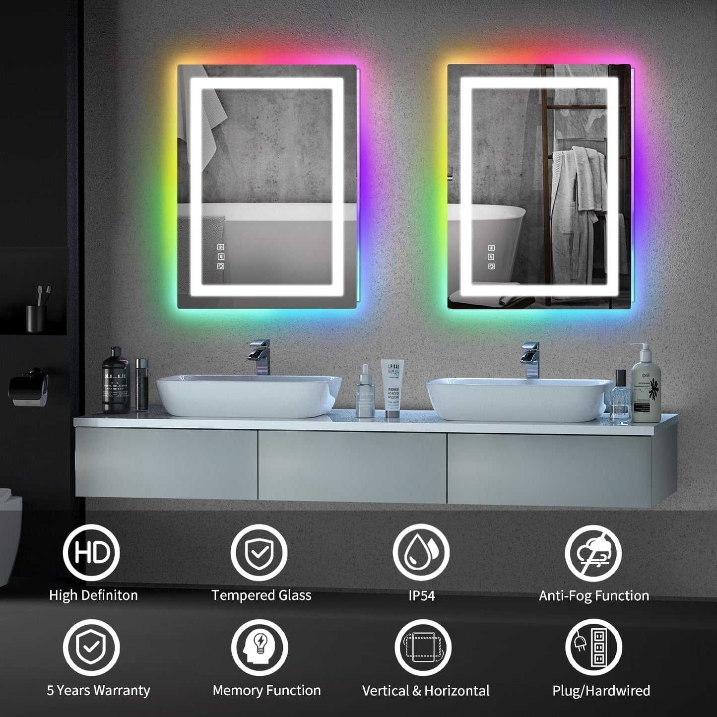 Specchio da bagno antiappannamento retroilluminato RGB e frontale a LED