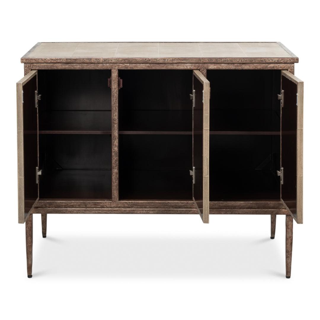 Credenza rivestita in pelle di zigrino grigio antico