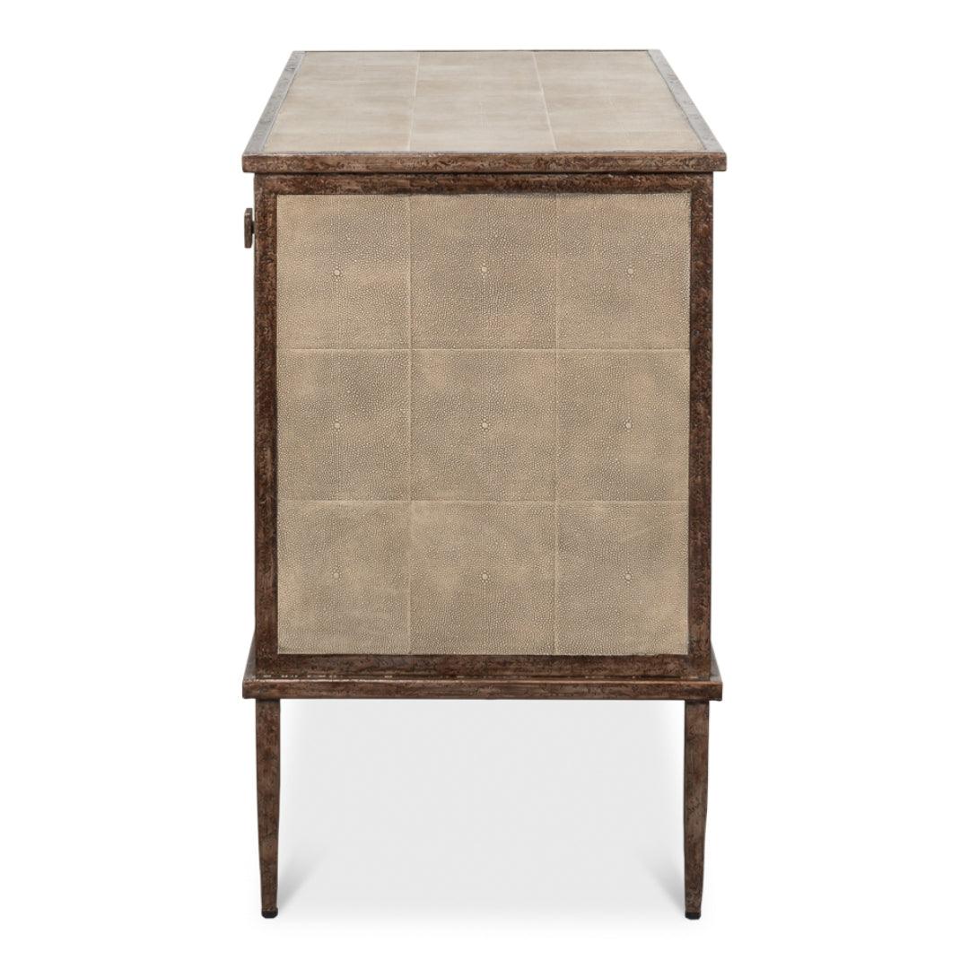 Credenza rivestita in pelle di zigrino grigio antico