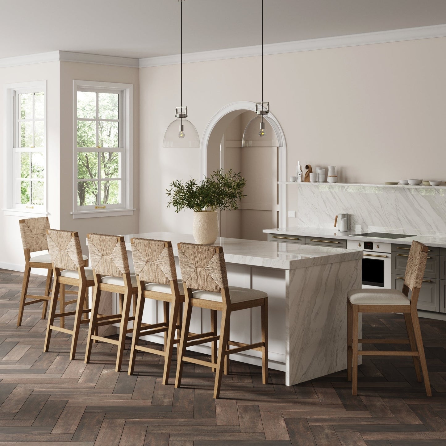 Sgabello da bar Beacon Bohemian Boucle, sedia imbottita alta fino al bancone con struttura in legno massello e schienale in giunco ​​intrecciato