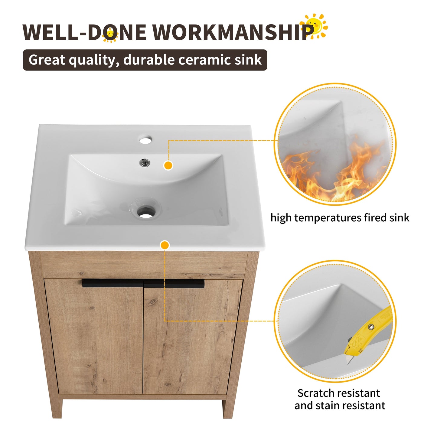 Beingnext 24/30/36 Mobile bagno con lavabo, mobile bagno indipendente con anta a chiusura ammortizzata e ripiano regolabile