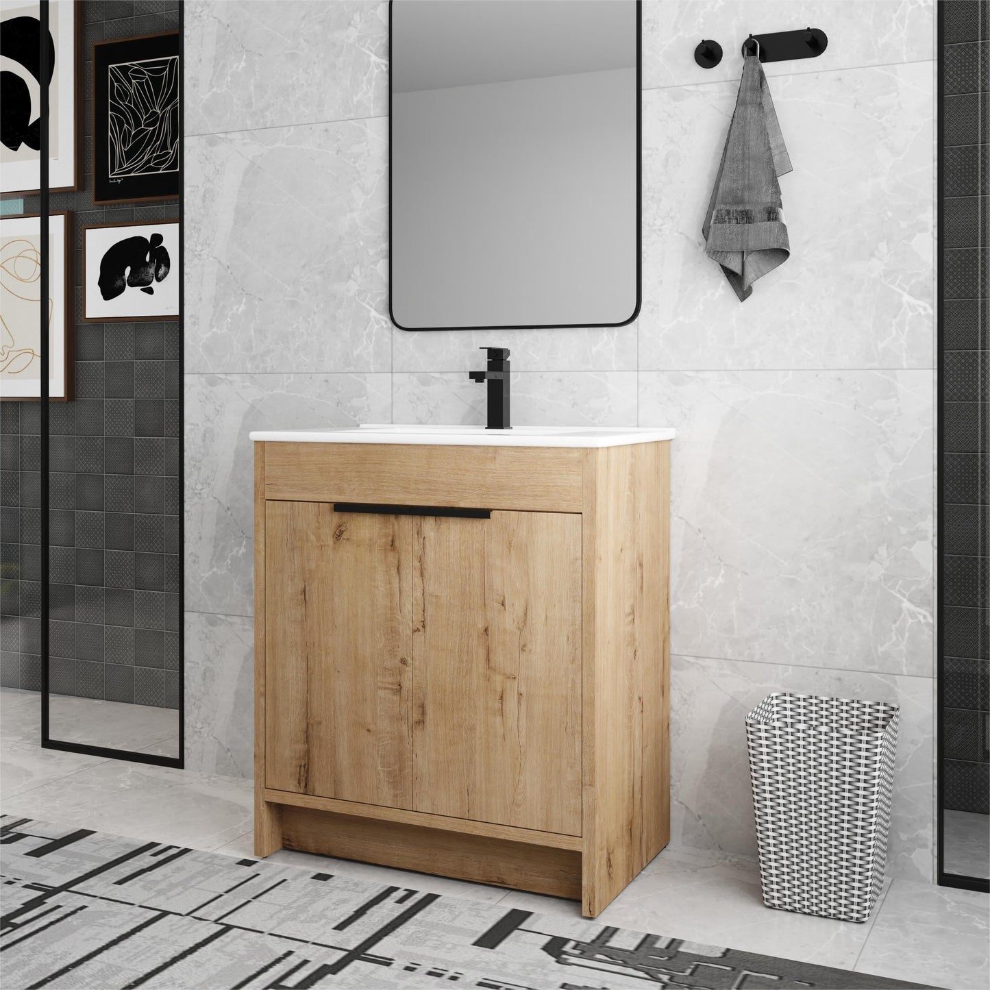 Beingnext 24/30/36 Mobile bagno con lavabo, mobile bagno indipendente con anta a chiusura ammortizzata e ripiano regolabile
