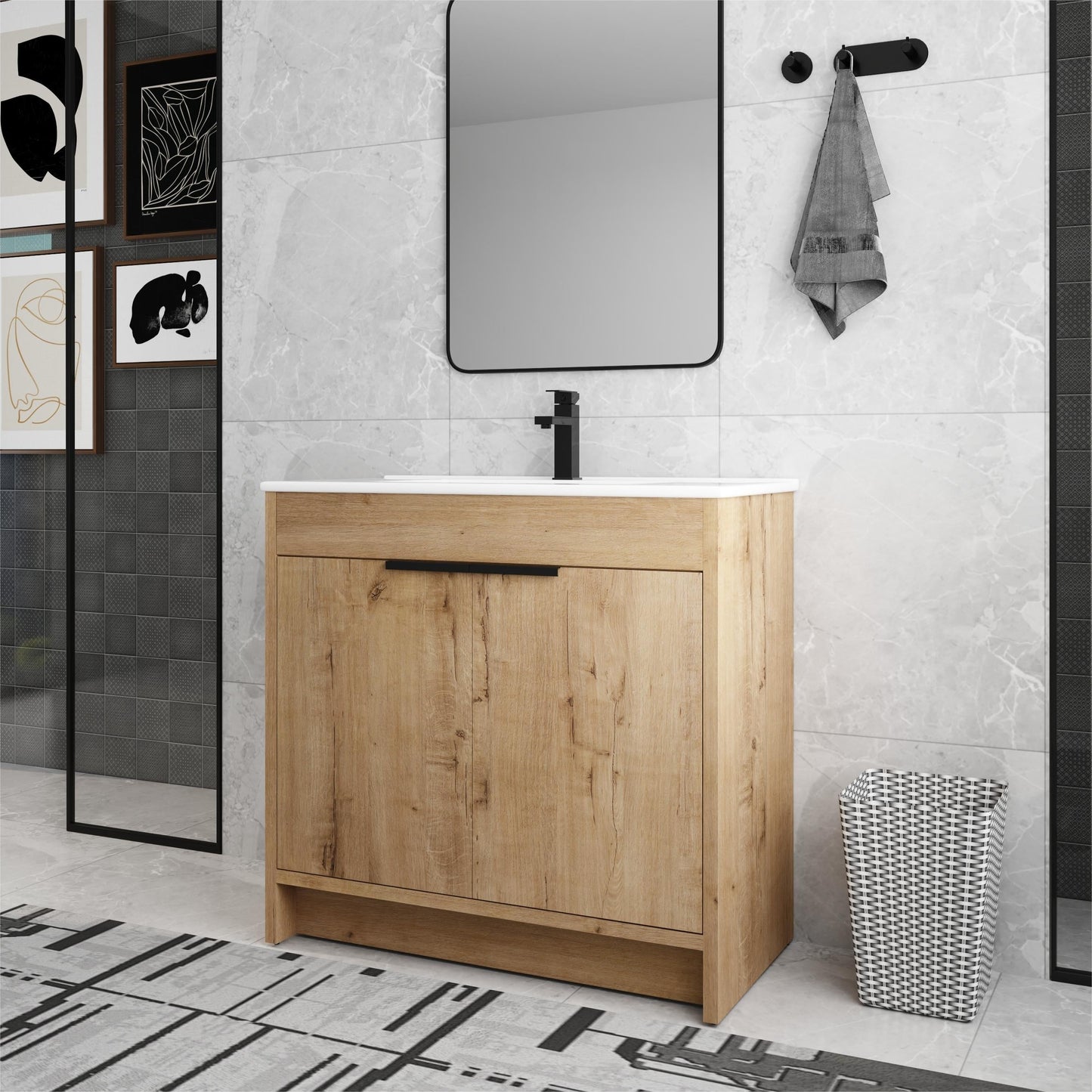Beingnext 24/30/36 Mobile bagno con lavabo, mobile bagno indipendente con anta a chiusura ammortizzata e ripiano regolabile