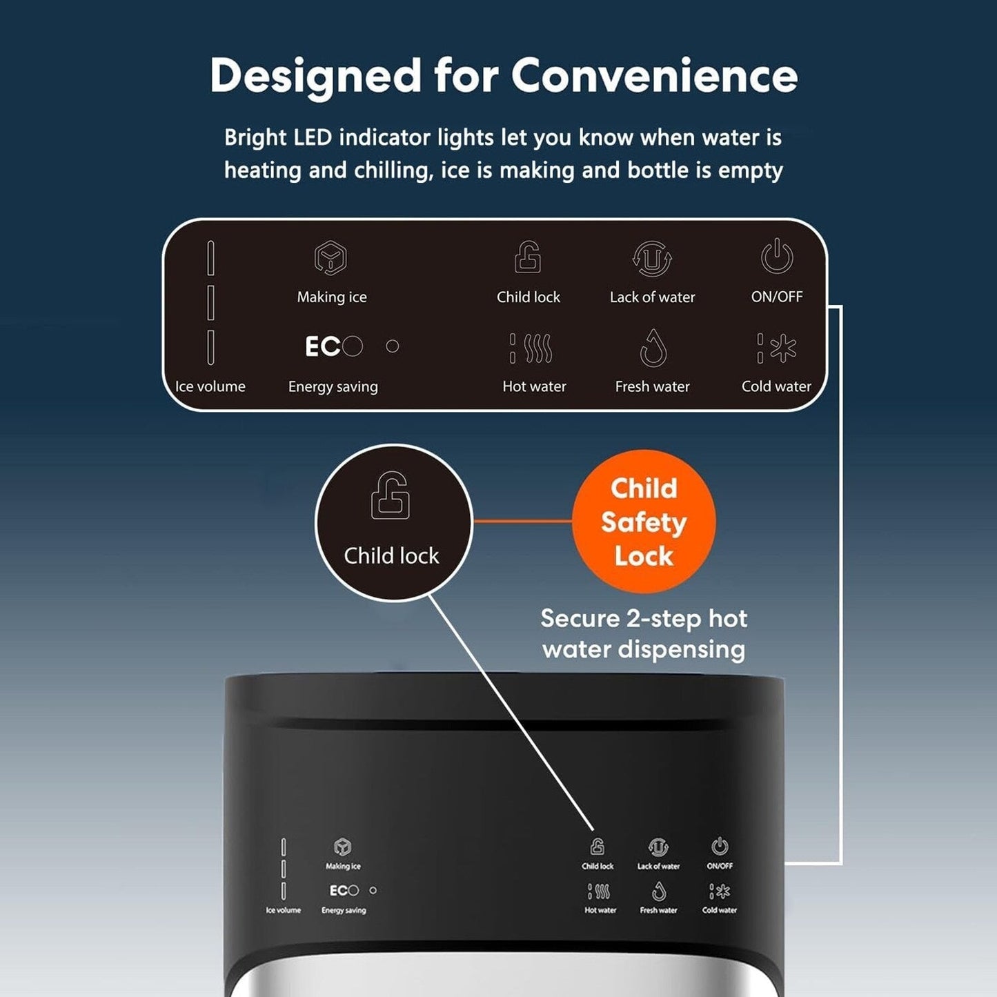 Distributori di acqua calda e fredda 3 in 1 neri con fabbricatore di ghiaccio
