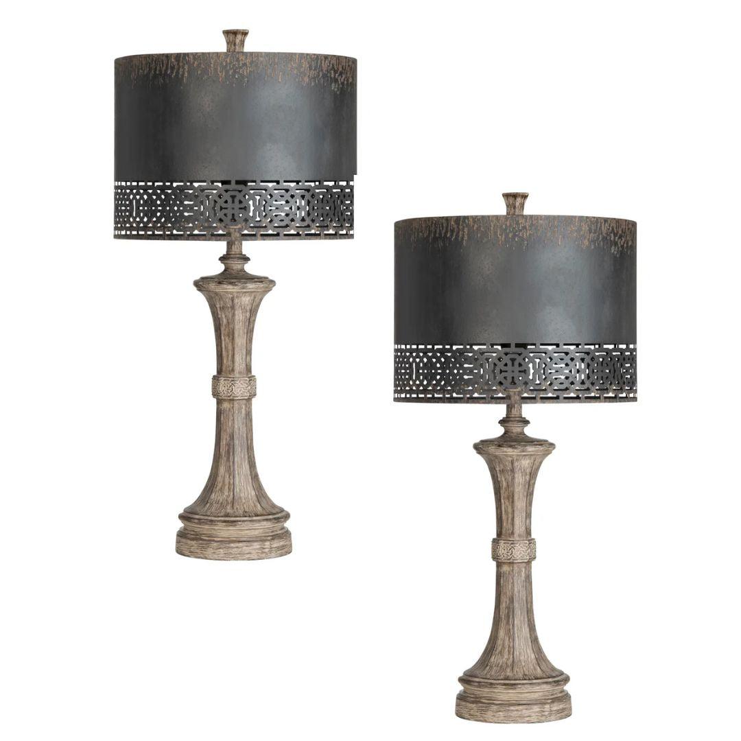 Lampada da tavolo con paralume in metallo traforato nero - Set