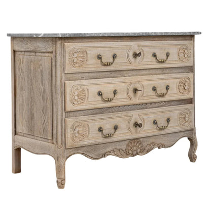 Cassettiera in rovere intagliato con piano in marmo grigio, circa 1920