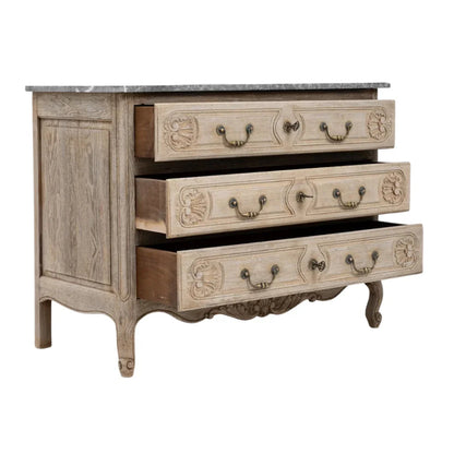 Cassettiera in rovere intagliato con piano in marmo grigio, circa 1920