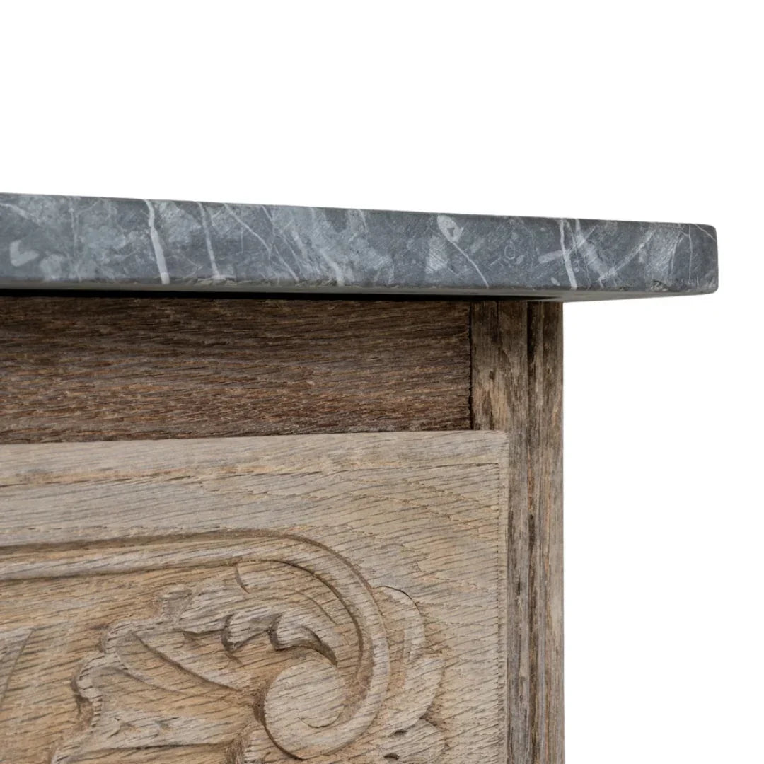 Cassettiera in rovere intagliato con piano in marmo grigio, circa 1920