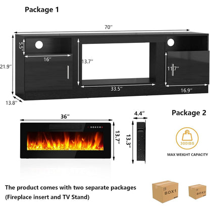 Mobile TV con camino Bossin 70 con camino elettrico da 36 pollici, mobile TV per TV fino a 80 pollici, luci LED a 16 colori/centro di intrattenimento