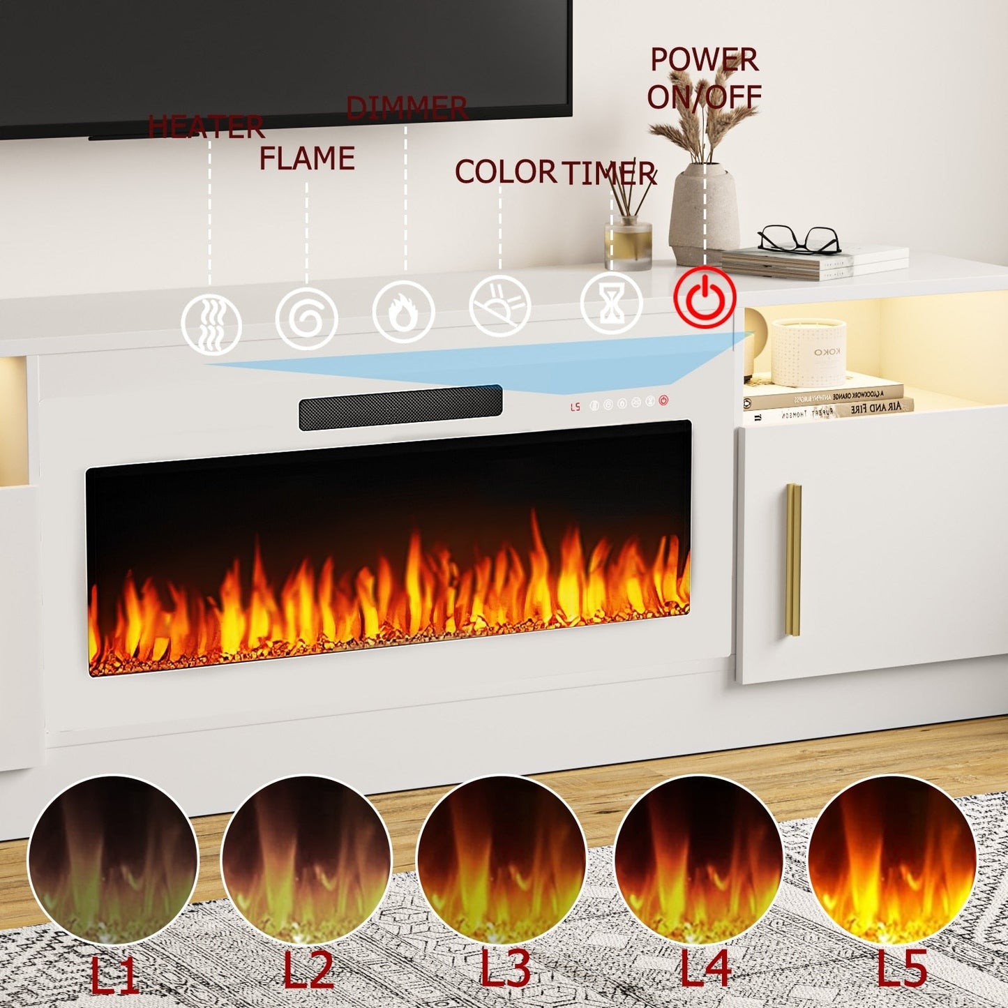 Mobile TV con camino Bossin 70 con camino elettrico da 36 pollici, mobile TV per TV fino a 80 pollici, luci LED a 16 colori/centro di intrattenimento