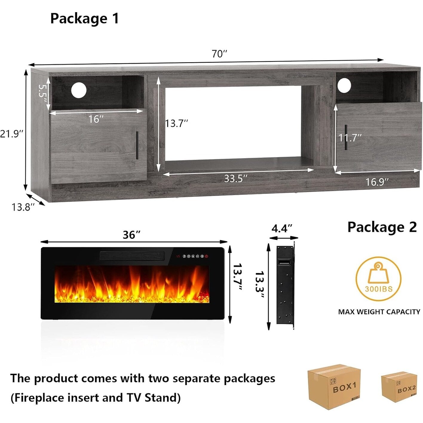 Mobile TV con camino Bossin 70 con camino elettrico da 36 pollici, mobile TV per TV fino a 80 pollici, luci LED a 16 colori/centro di intrattenimento