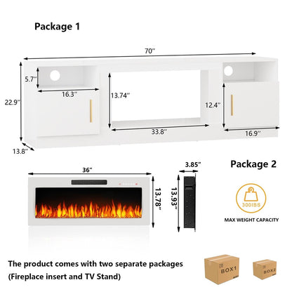 Mobile TV con camino Bossin 70 con camino elettrico da 36 pollici, mobile TV per TV fino a 80 pollici, luci LED a 16 colori/centro di intrattenimento