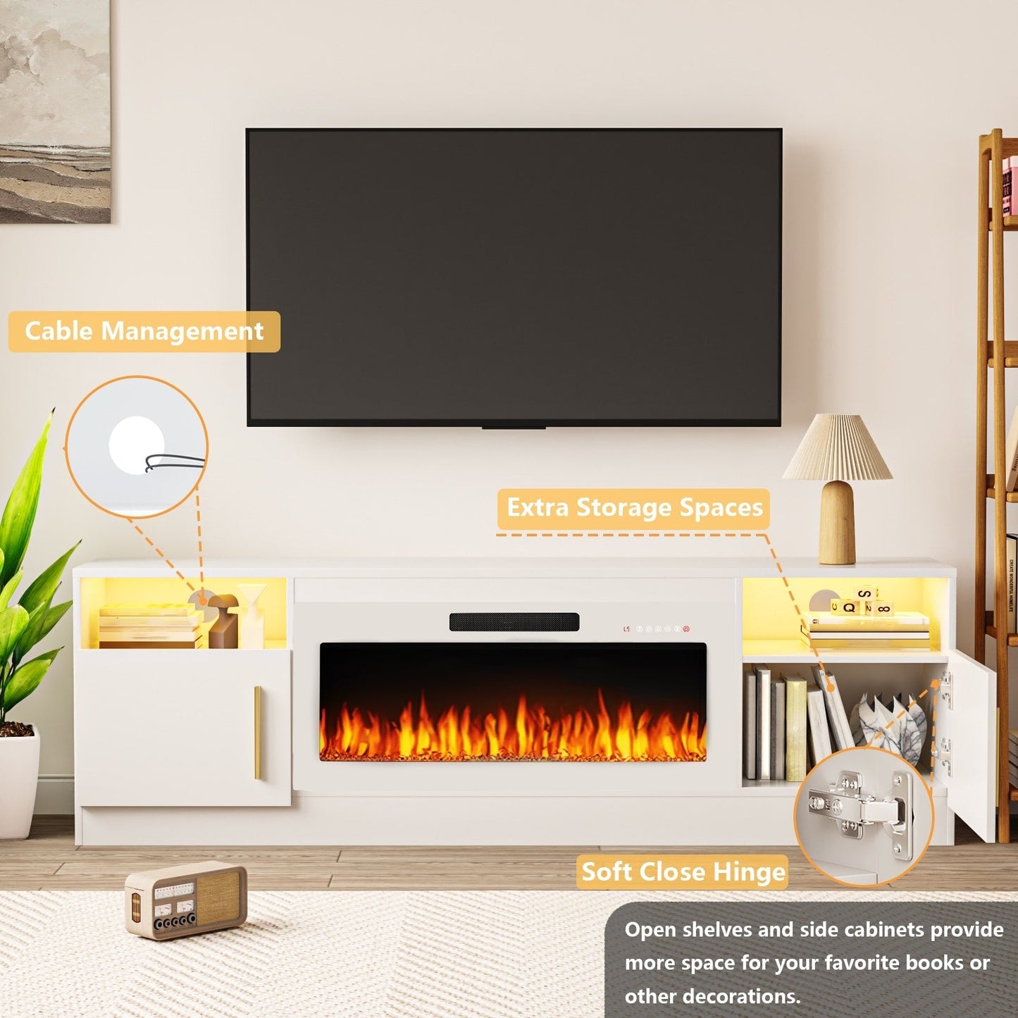 Mobile TV con camino Bossin 70 con camino elettrico da 36 pollici, mobile TV per TV fino a 80 pollici, luci LED a 16 colori/centro di intrattenimento