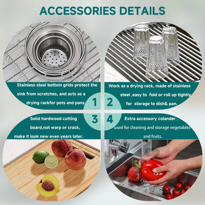 Lavello da cucina sottotop CB HOME da 32'' in oro, lavello da cucina in acciaio inox/nero da incasso, lavello da cucina a una vasca con accessori