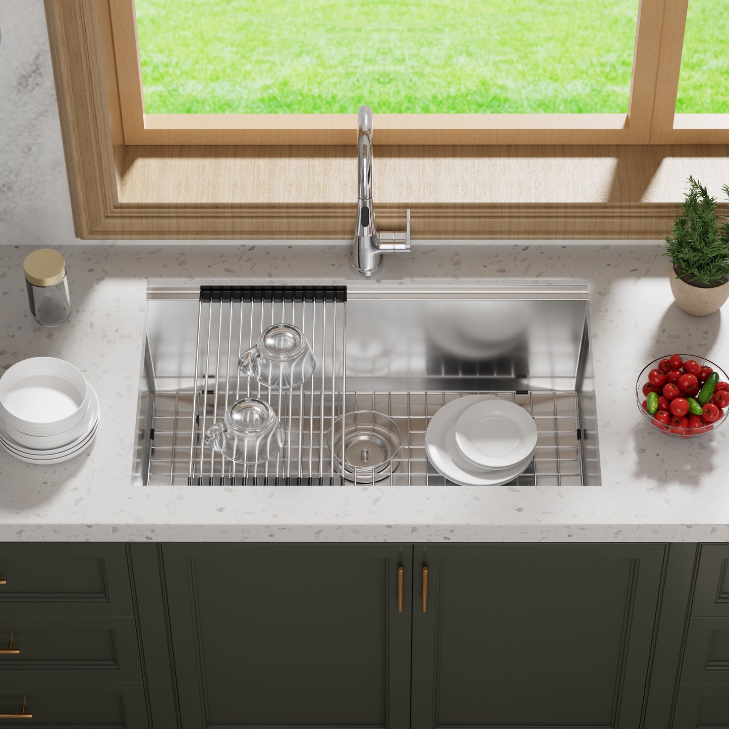 Lavello da cucina sottotop CB HOME da 32'' in oro, lavello da cucina in acciaio inox/nero da incasso, lavello da cucina a una vasca con accessori