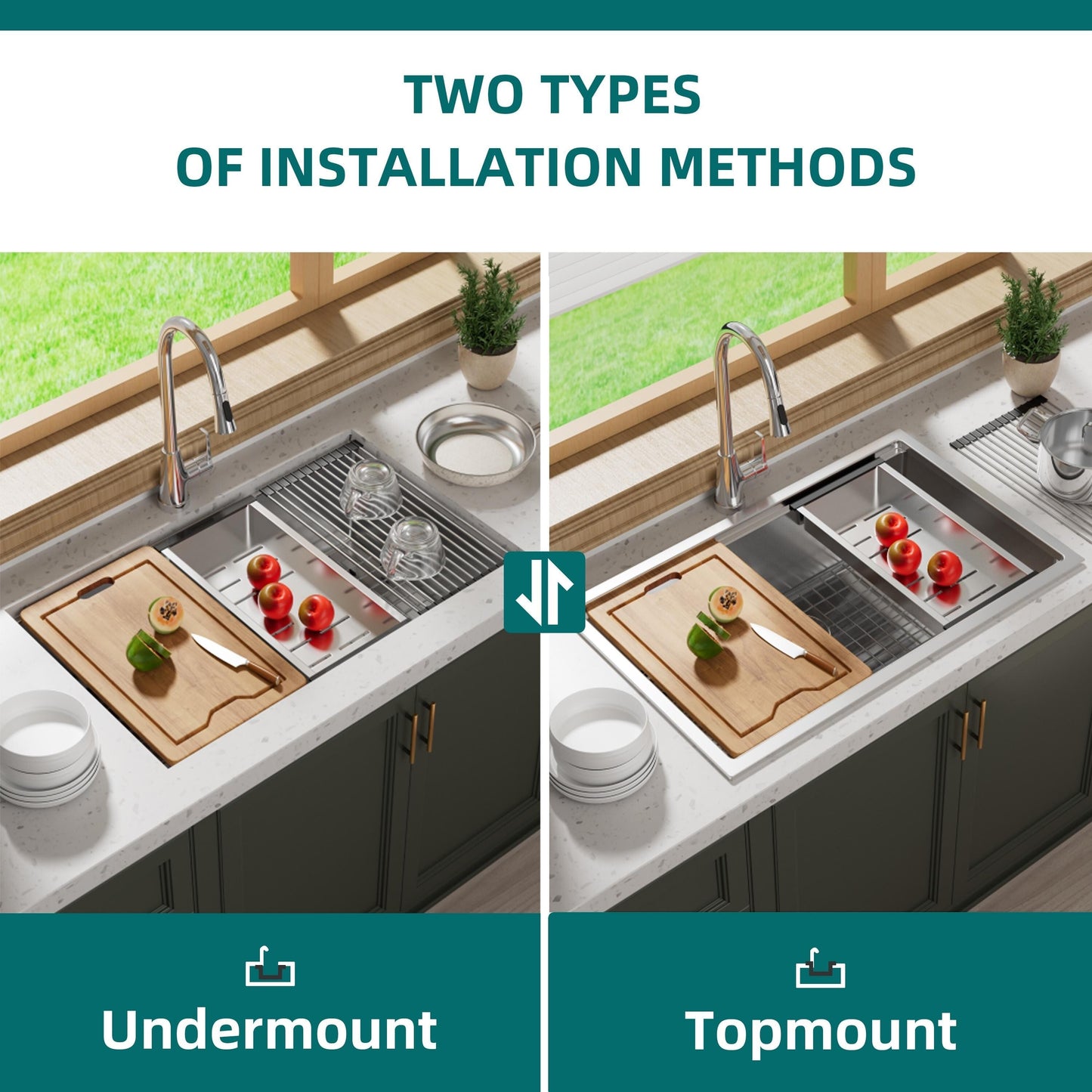 Lavello da cucina sottotop CB HOME da 32'' in oro, lavello da cucina in acciaio inox/nero da incasso, lavello da cucina a una vasca con accessori