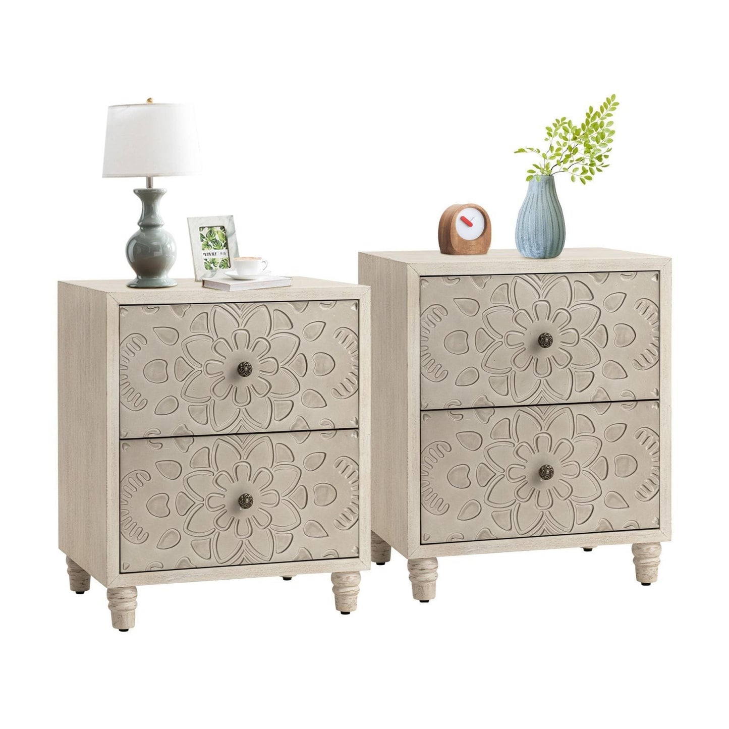 Comodino in legno massello con cassetti e motivo marrone vintage COSIEST