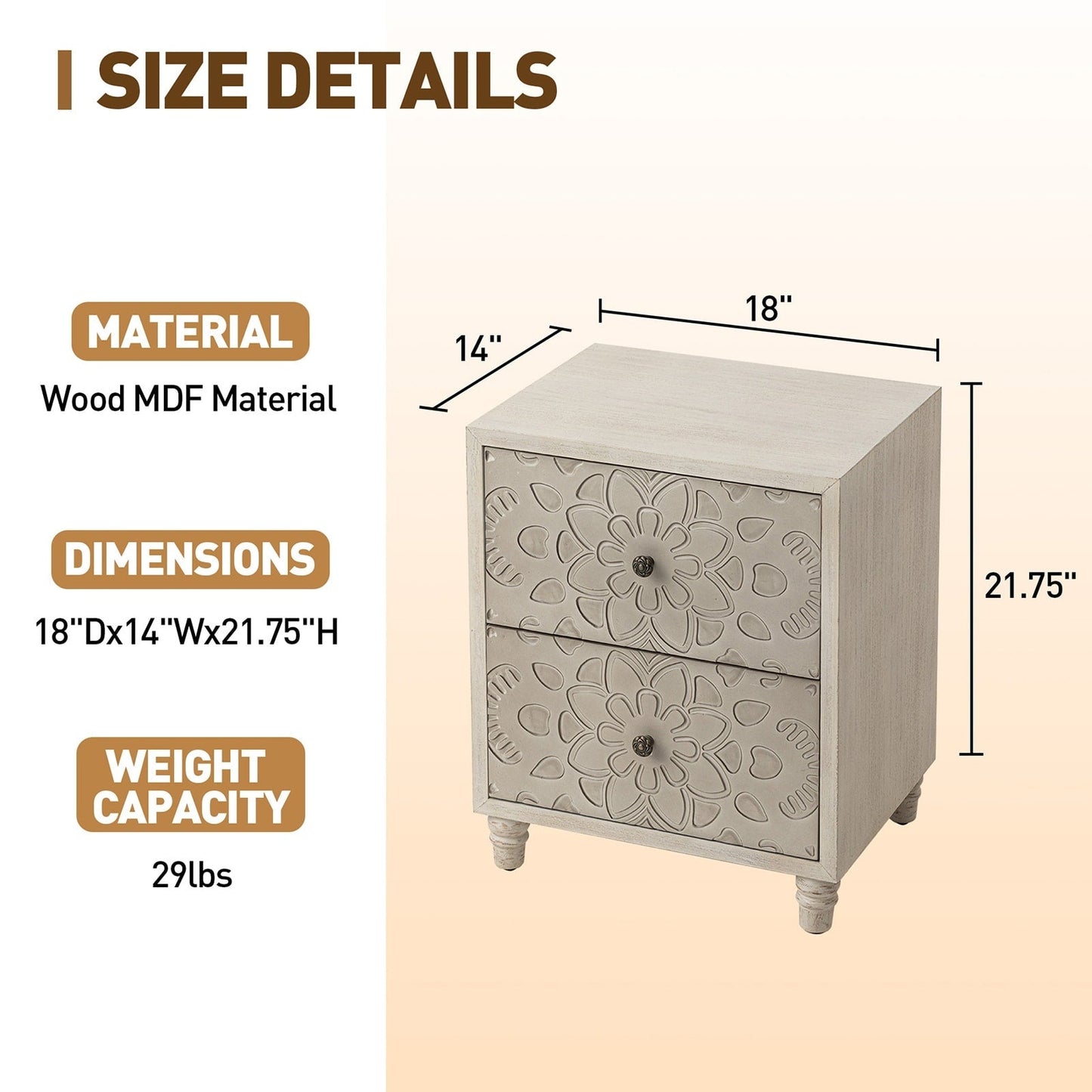 Comodino in legno massello con cassetti e motivo marrone vintage COSIEST