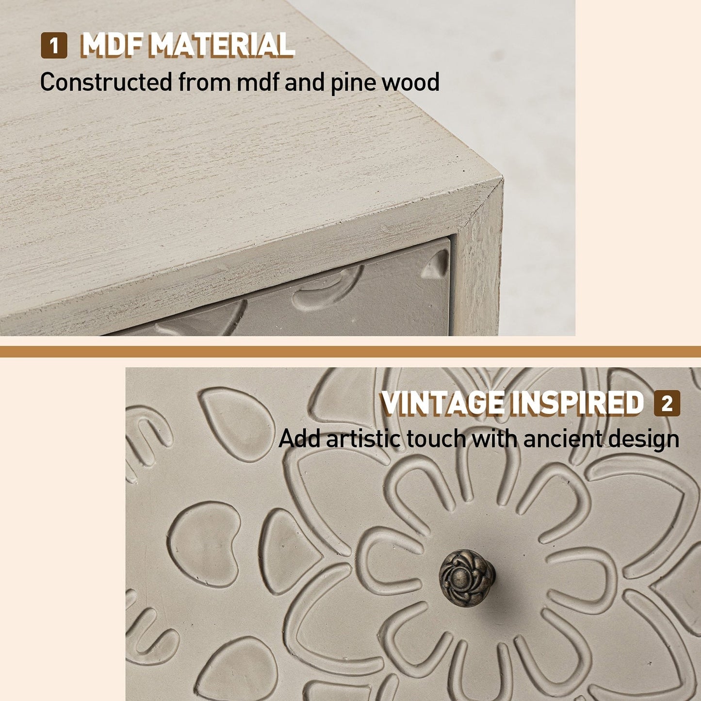 Comodino in legno massello con cassetti e motivo marrone vintage COSIEST