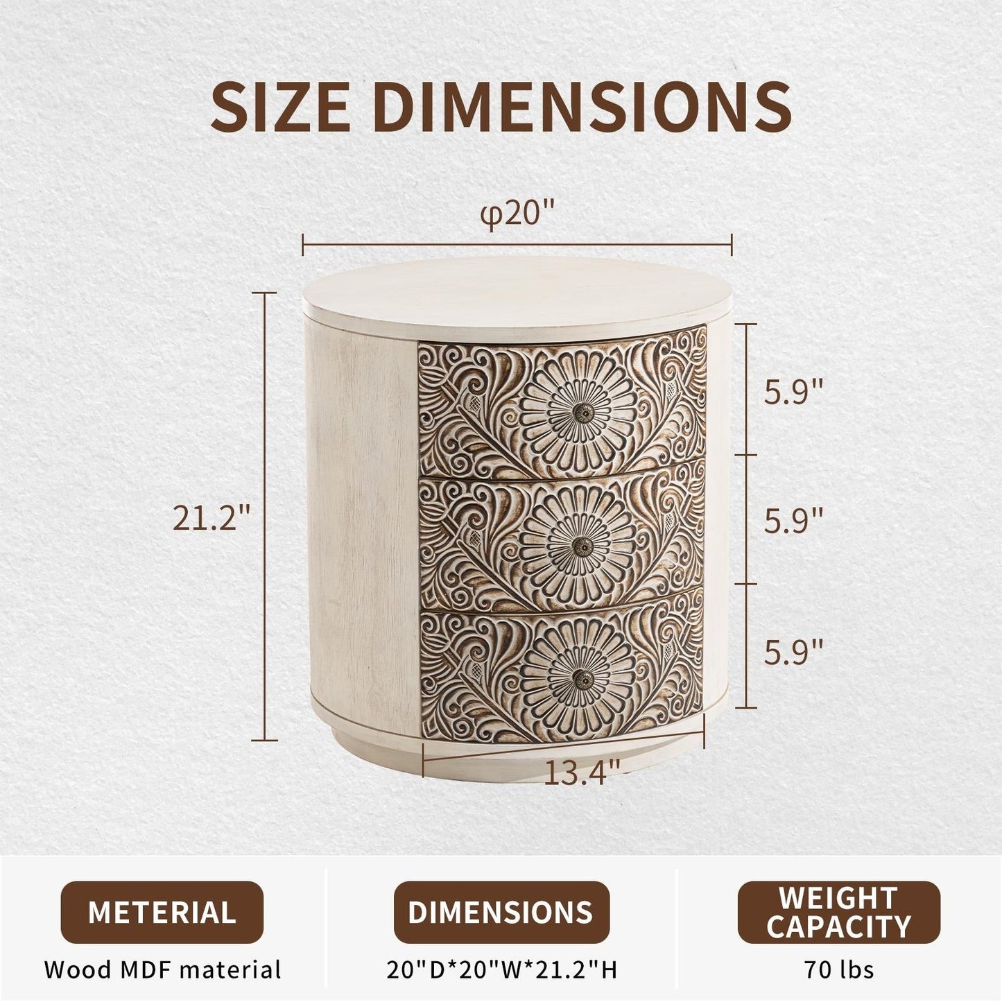 Comodino in legno massello con cassetti e motivo marrone vintage COSIEST