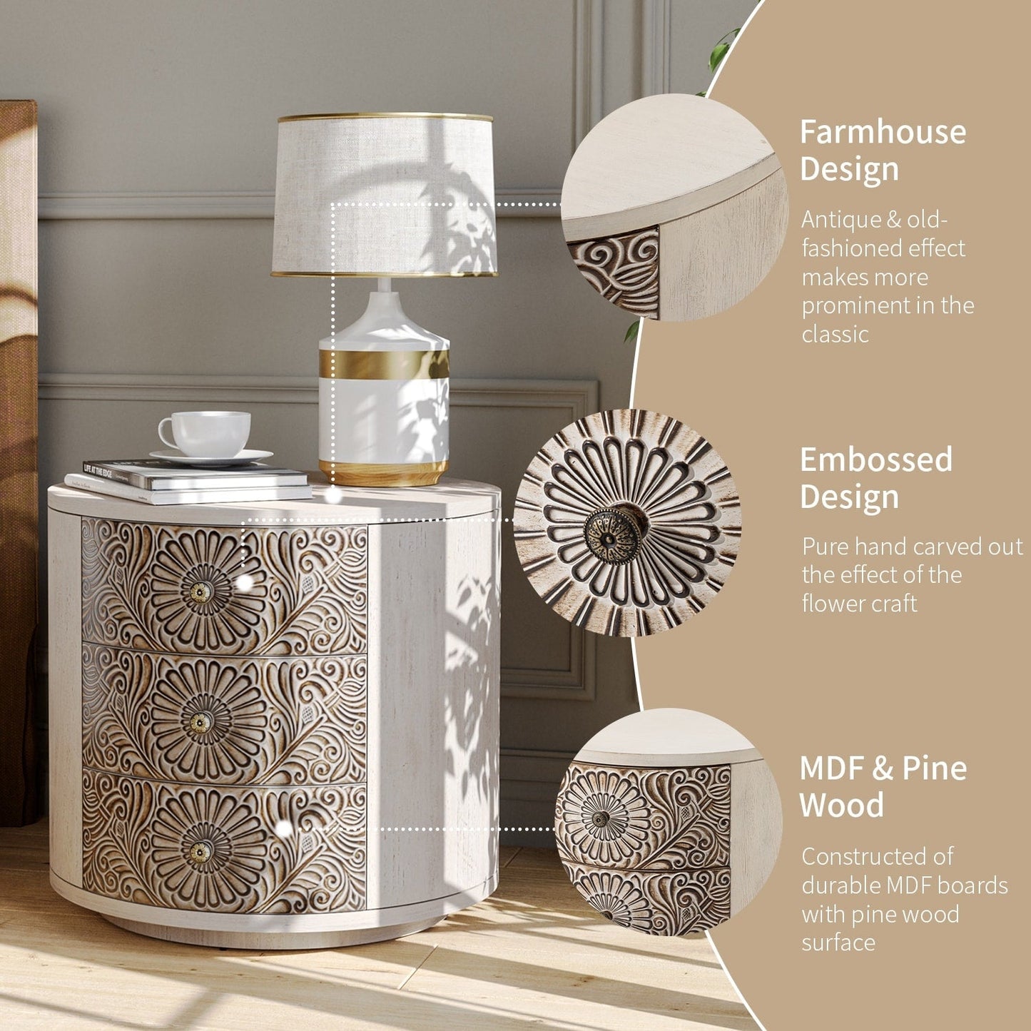 Comodino in legno massello con cassetti e motivo marrone vintage COSIEST