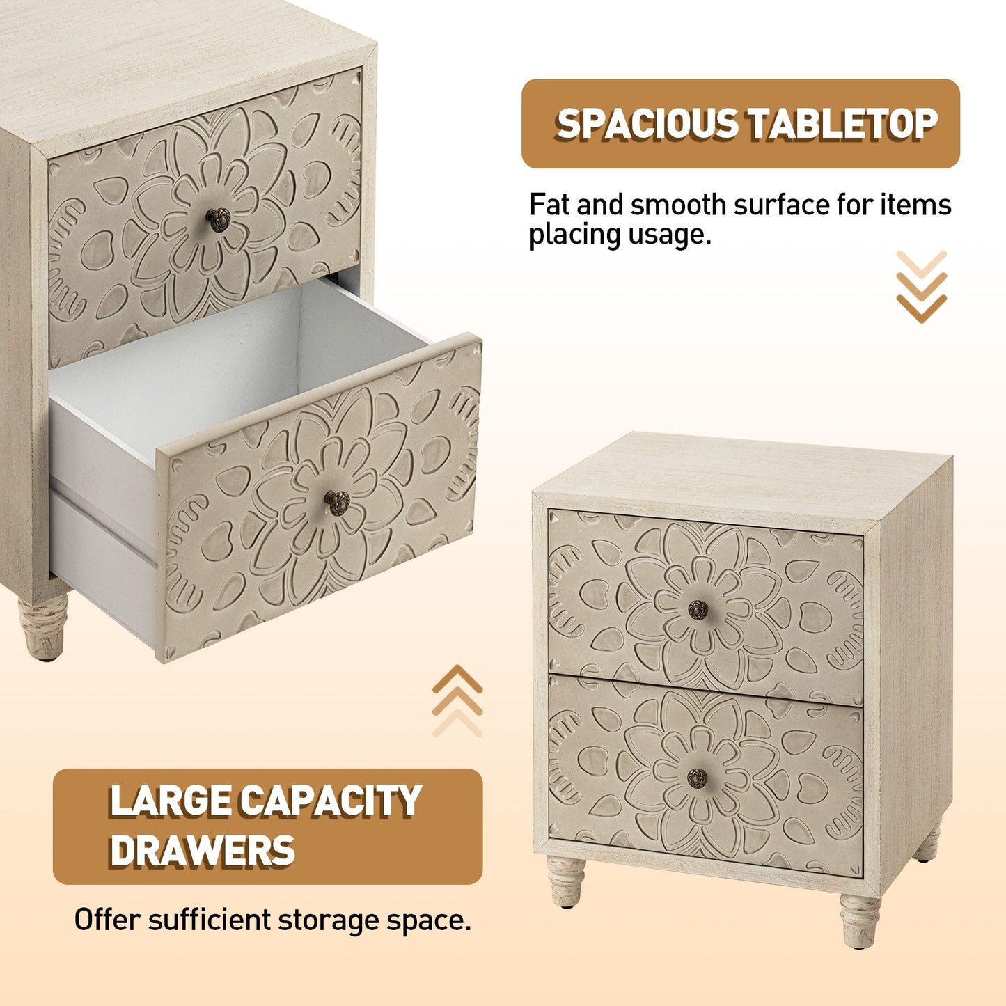 Comodino in legno massello con cassetti e motivo marrone vintage COSIEST