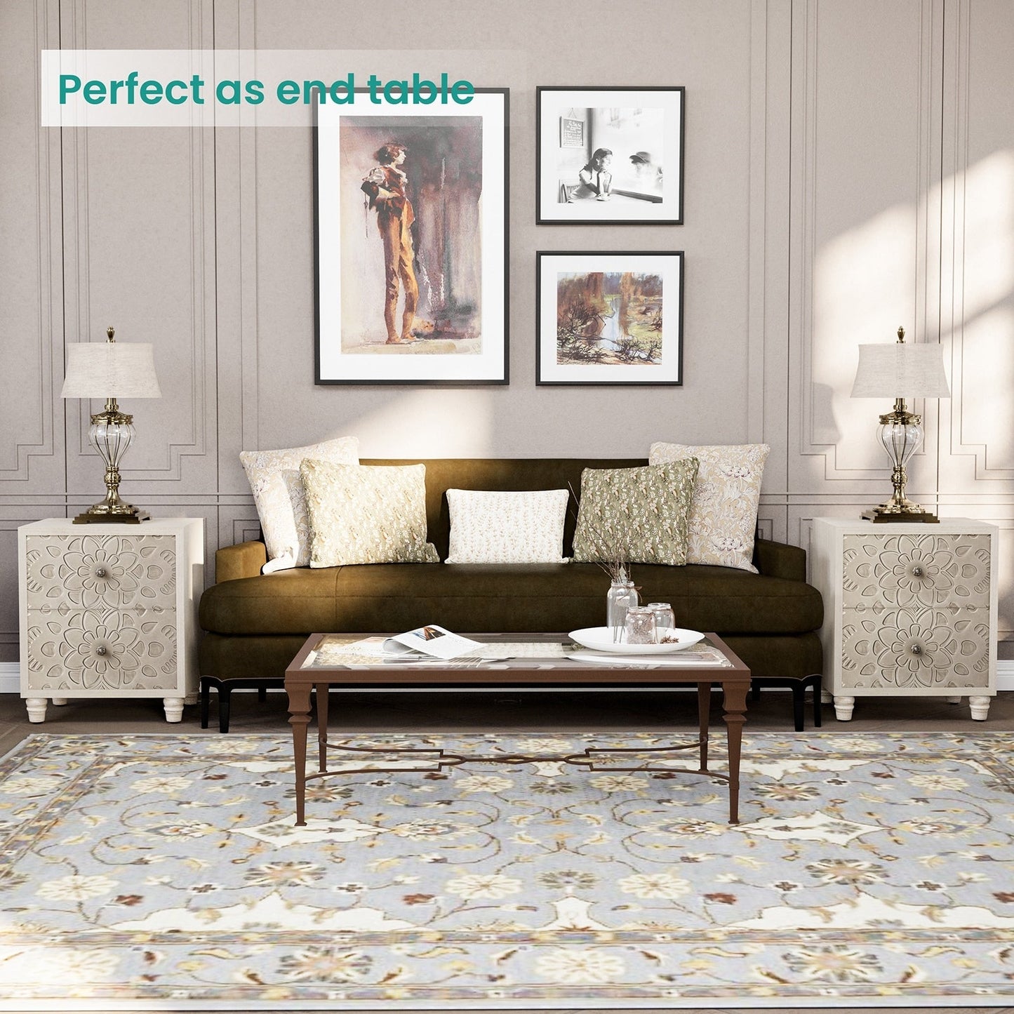 Comodino in legno massello con cassetti e motivo marrone vintage COSIEST