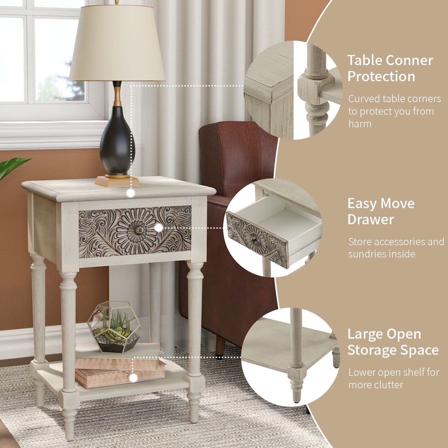 Comodino in legno massello con cassetti e motivo marrone vintage COSIEST