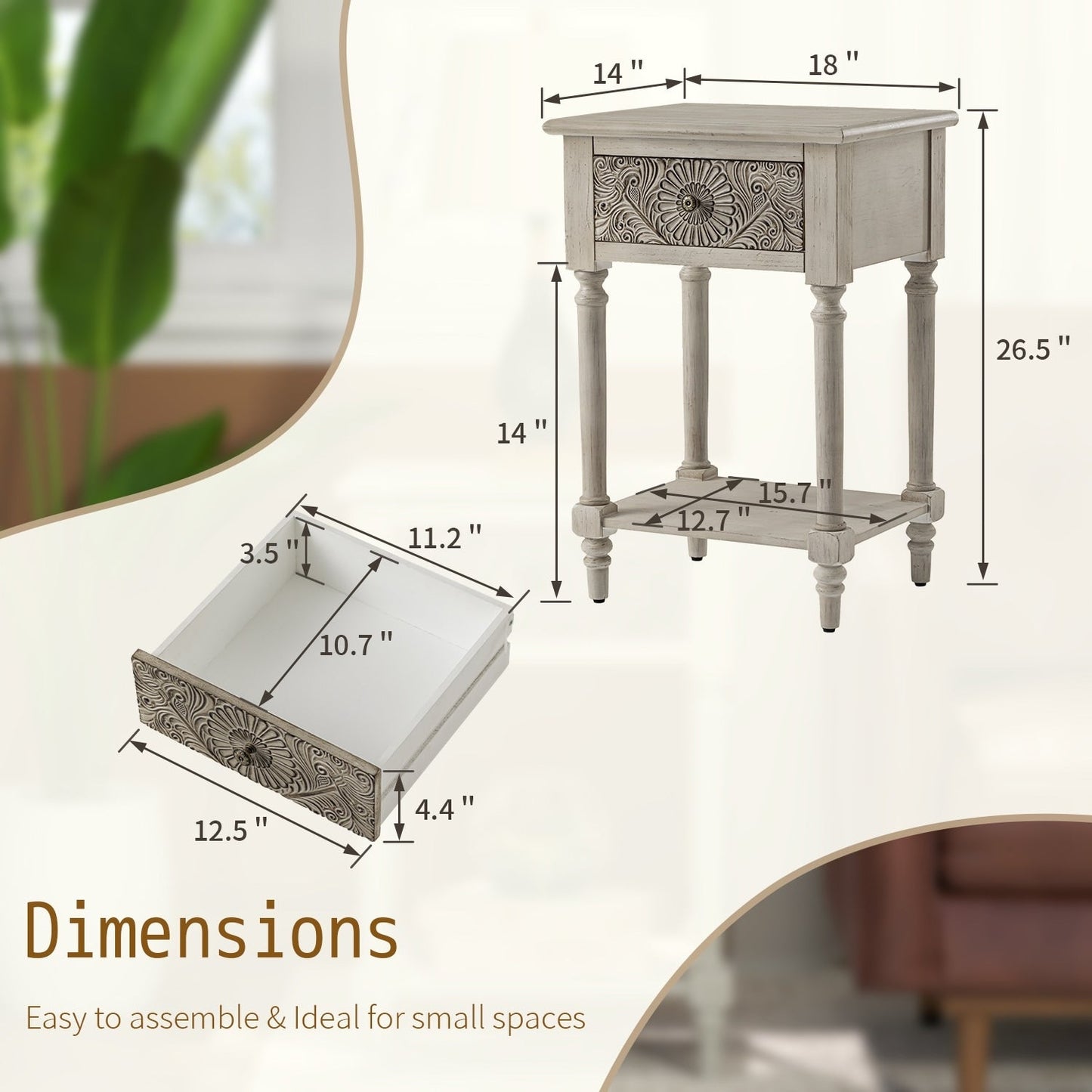 Comodino in legno massello con cassetti e motivo marrone vintage COSIEST