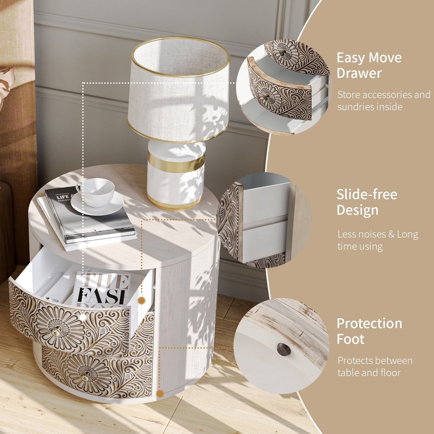 Comodino in legno massello con cassetti e motivo marrone vintage COSIEST