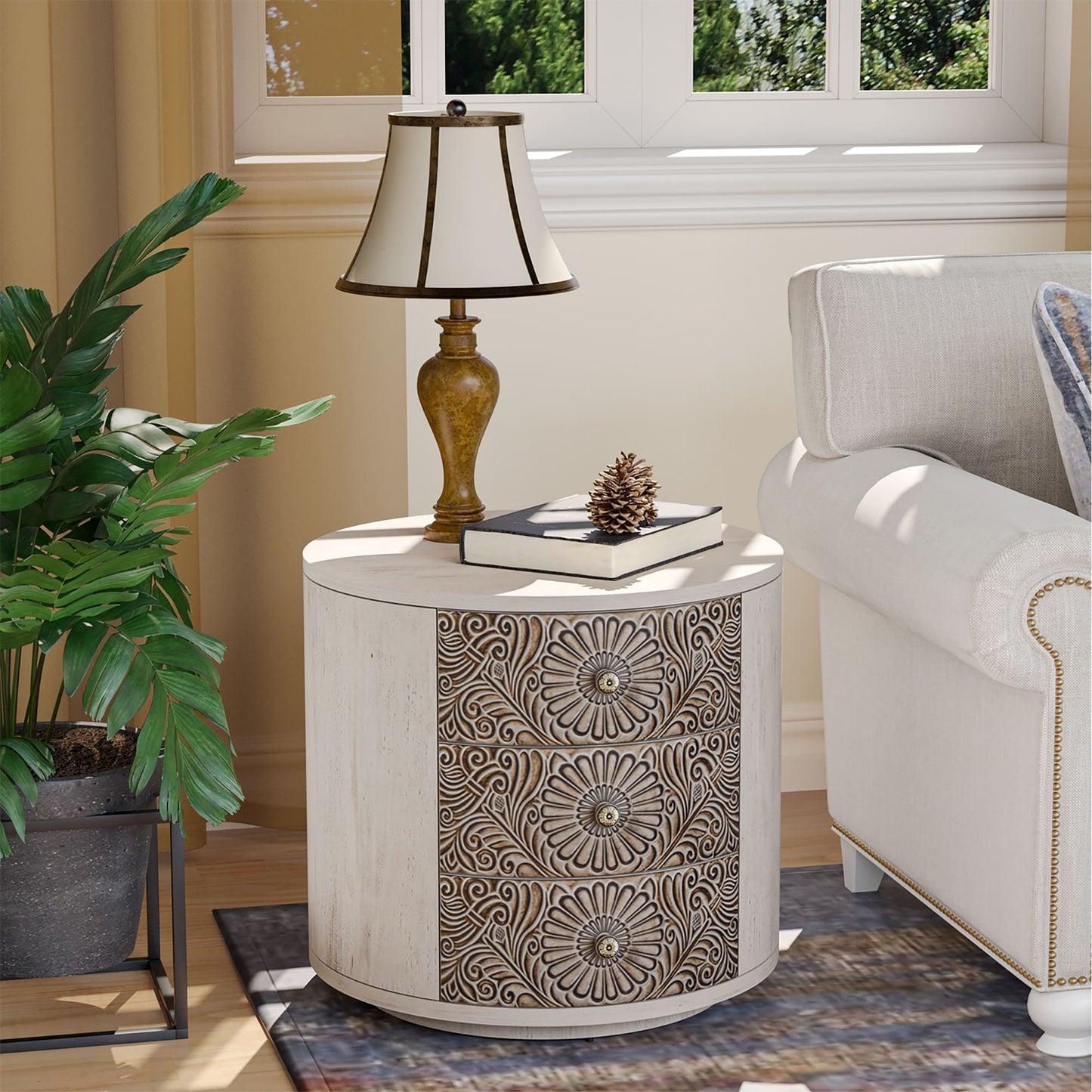 Comodino in legno massello con cassetti e motivo marrone vintage COSIEST