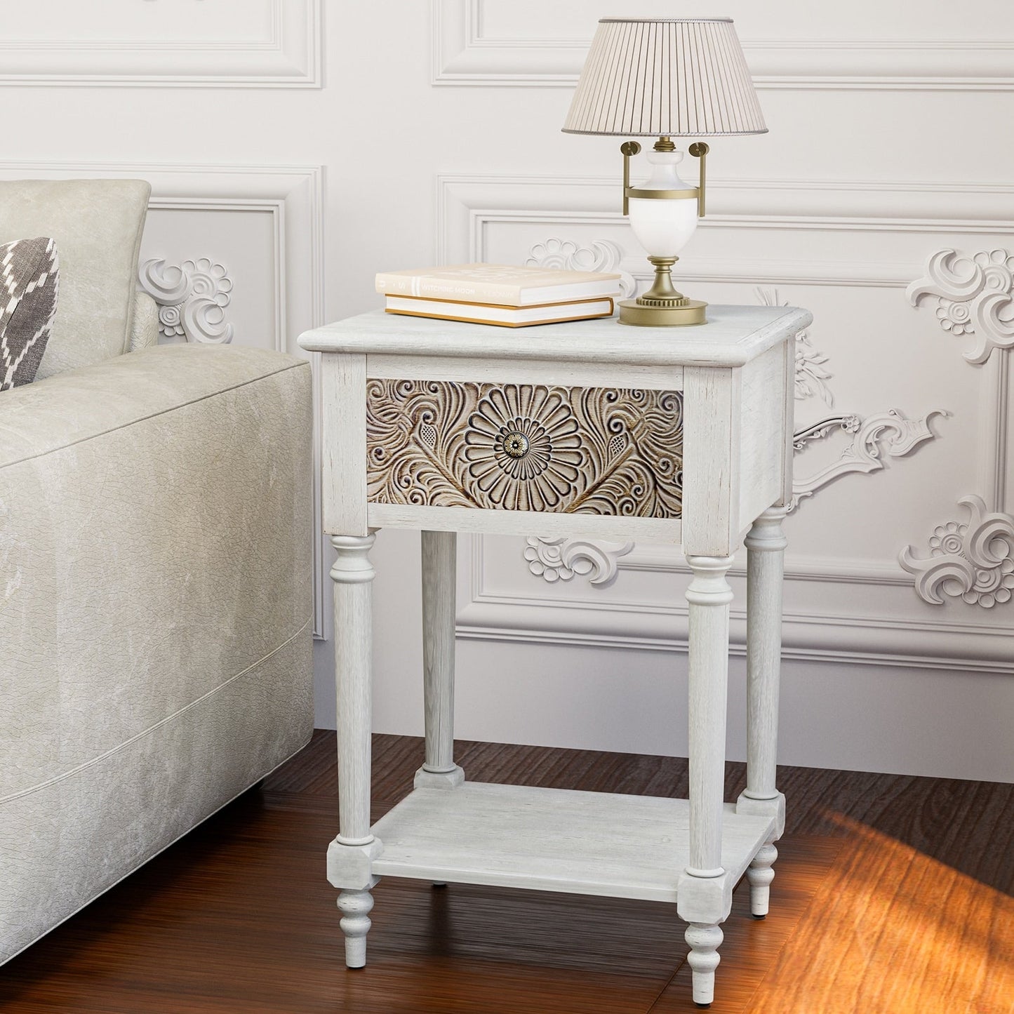 Comodino in legno massello con cassetti e motivo marrone vintage COSIEST